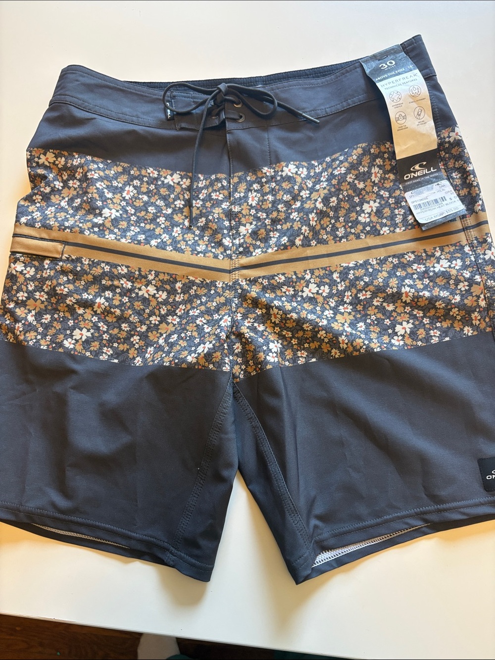 O'Neill Men's Navy Floral Stripe Board Shorts with Tan Band